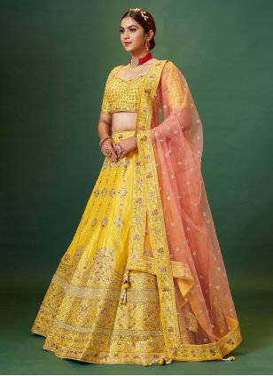 Yellow Designer Silk Sequins Embroidered Bridal Wear Lehenga Choli