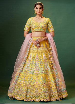 Yellow Silk Sequins Embroidered Designer Lehenga Choli for Wedding