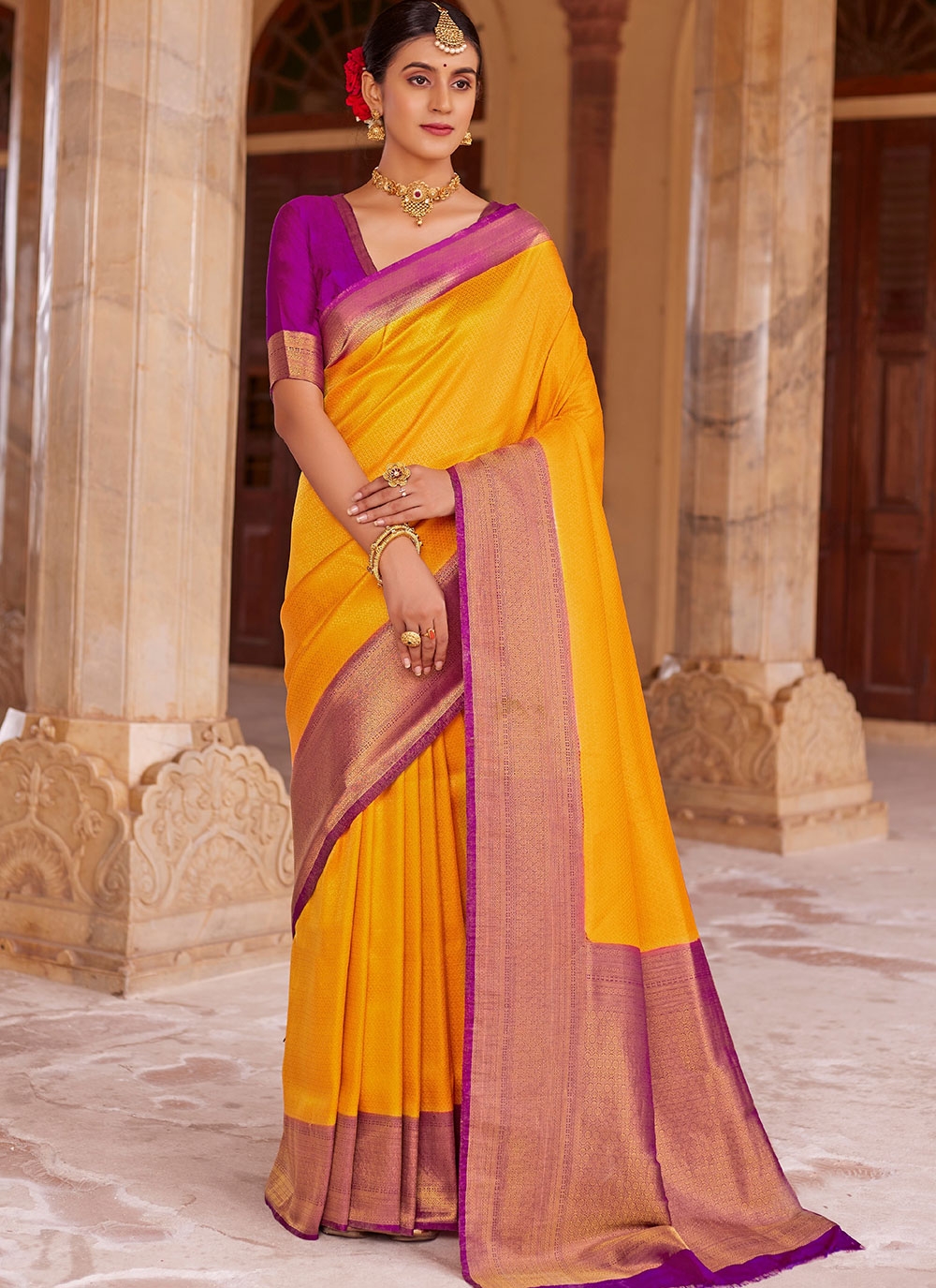 MUSTARD AND PURPLE MAGNOLIA FLORAL SILK SAREE WITH SILK BLOUSE – SHIVANI  BHARGAVA