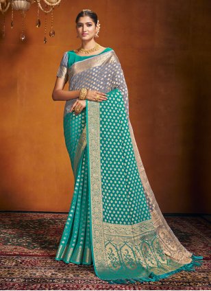Aqua Blue and Grey Pure Georgette Weaving Trendy Sari