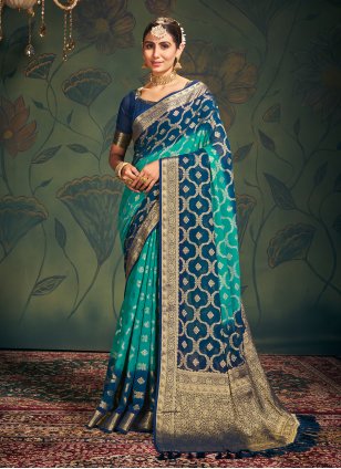 Aqua Blue and Teal Pure Georgette Weaving Contemporary Saree