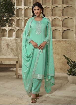 Aqua Blue Festive Special Heavy Designer Straight Pant Suit