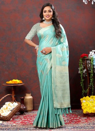 Aqua Blue Cotton  Weaving Classic Sari