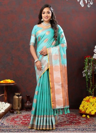 Aqua Blue Cotton  Weaving Trendy Sari