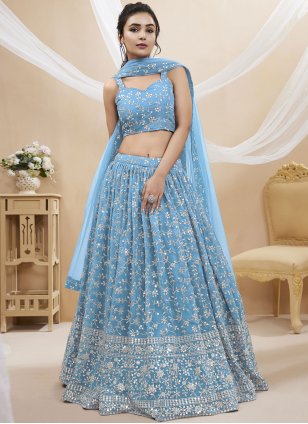 Aqua Blue Georgette Embroidered Trendy Lehenga Choli