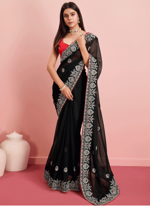 Art Silk Black and Red Fancy Work Traditional Saree