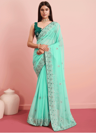 Art Silk Sea Green and Teal Fancy Work Traditional Saree