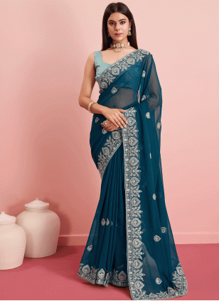 Astounding Sky blue and Teal Fancy Work work Traditional Saree