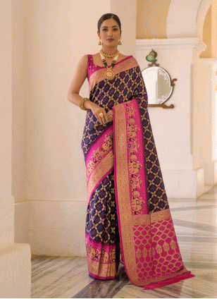 Banarasi Silk Navy blue and Pink Woven work Traditional Saree