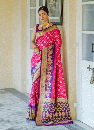 Banarasi Silk Pink and Purple Woven work Traditional Saree