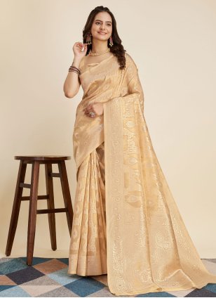 Beige Banarasi Silk Weaving Classic Saree