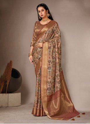 Beige Bhagalpuri Silk Digital Print Contemporary Sari