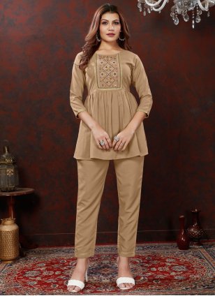 Beige Cotton  Embroidered Casual Kurti