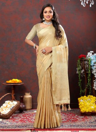 Beige Cotton  Weaving Trendy Sari