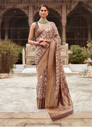Beige Crepe Woven Designer Sari