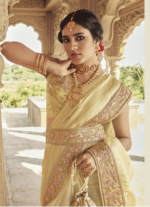 Beige Fancy Fabric Embroidered Contemporary Saree