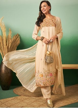 Beige Georgette Embroidered Trendy Salwar Suits