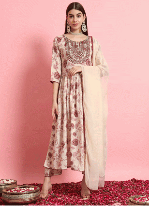 Beige Rayon Printed Women's Readymade Salwar Suits