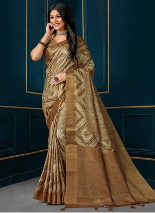 Beige Silk Digital Print Classic Sari