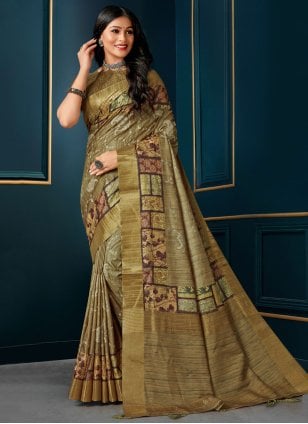 Beige Silk Digital Print Classic Sari