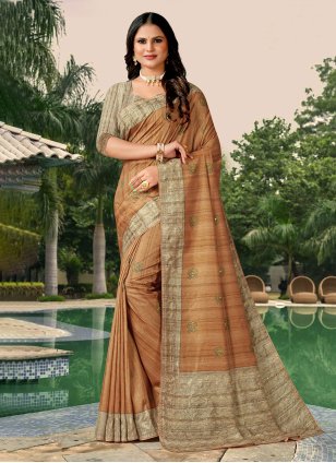 Beige Tussar Silk Katha Designer Sari