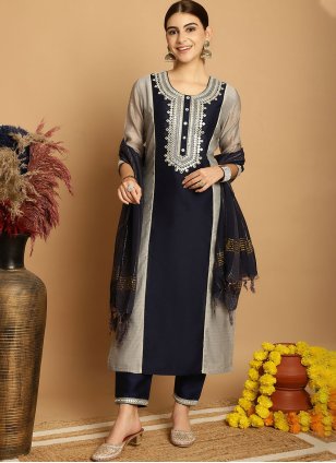 Black and Grey Chanderi Embroidered Pant Style Suit