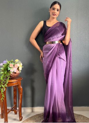 Black and Purple color Satin Traditional Saree with Plain work