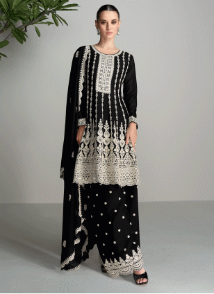 Black and White Embroidered Women's Readymade Salwar Kameez