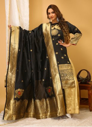 Black Art Silk Woven Palazzo Salwar Suit