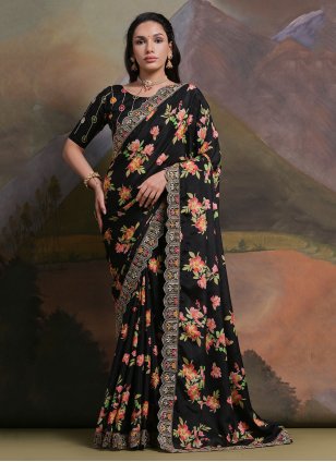 Black Chinon Embroidered Classic Saree