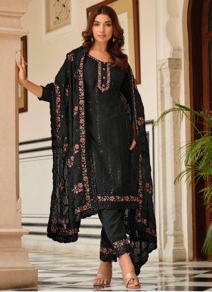 Black Chinon Embroidered Salwar suit