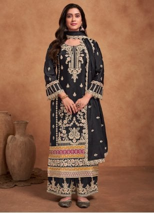 Black Chinon Embroidered Trendy Salwar Suits