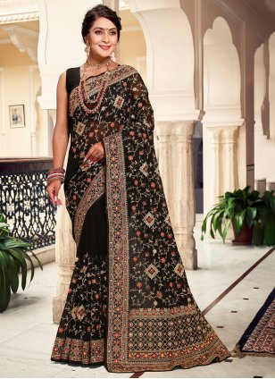 Black Georgette Embroidered Classic Saree