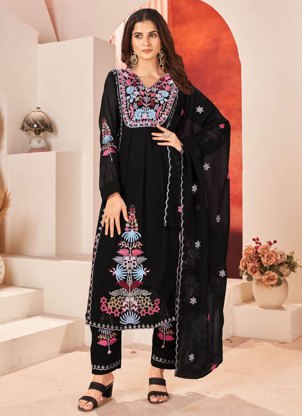 Black suit with floral dupatta | Indian designer suits, Casual indian  fashion, Dress indian style