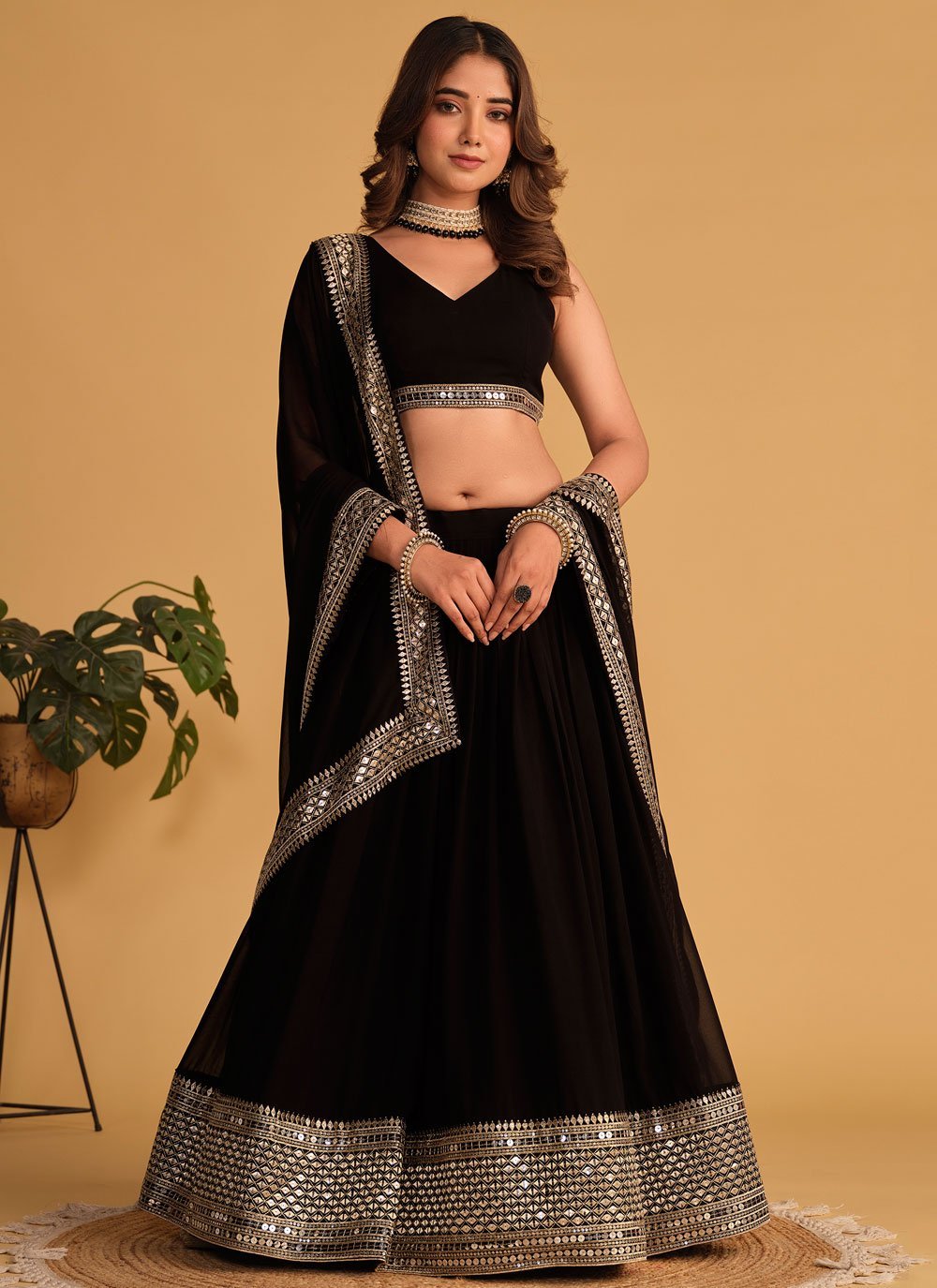 Embroidered Semi Stitched Lehenga Choli Black