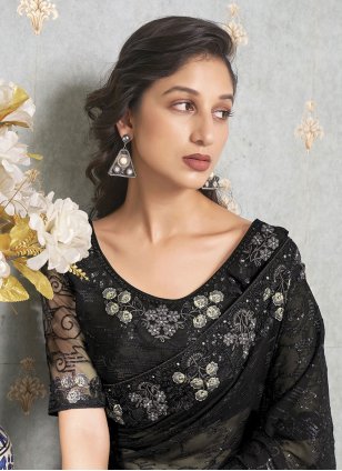 Black Georgette Embroidered Trendy Saree