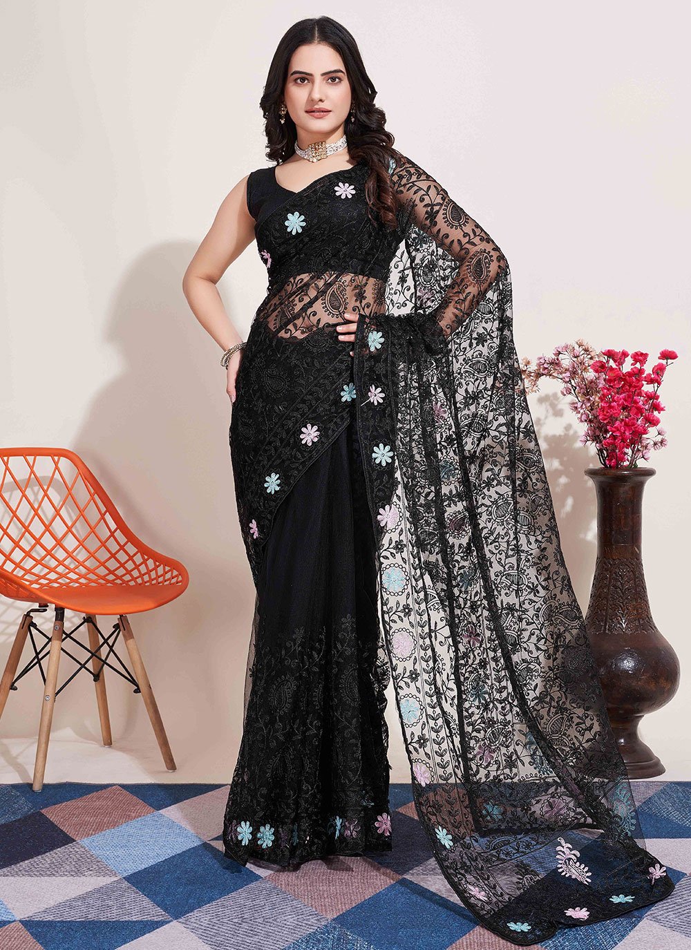 Buy Black Net Saree With Blouse Piece online-Karagiri