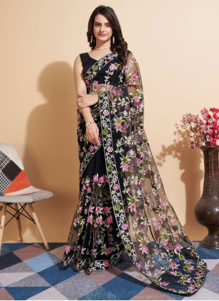 Black Net Embroidered Contemporary Sari