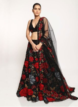 Embroidered Net Black Lehenga LLCV113955