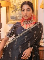 Black Satin Embroidered Trendy Saree