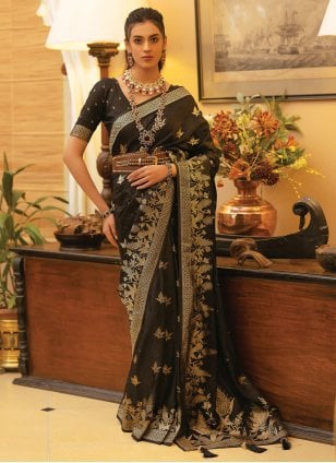 Black Satin Woven Designer Sari