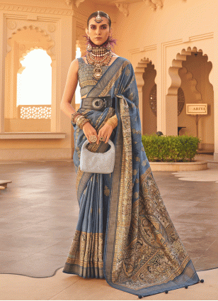 Blissful Blue Printed work Traditional Saree