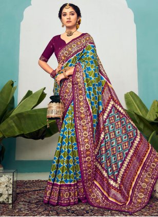 Blue and Green Cotton  Polka Dotted Classic Saree