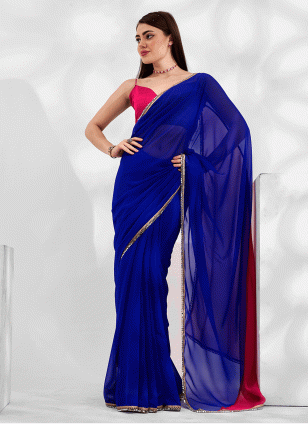 Blue and Pink color Traditional Saree with work