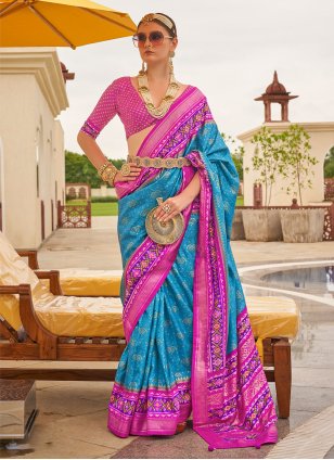 Blue and Pink Patola Silk Patola Print Classic Sari