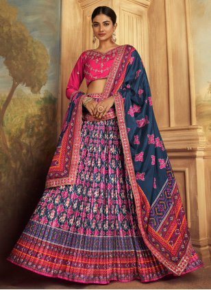 Blue and Pink Silk Embroidered Trendy Ghagra Choli