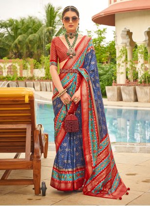 Blue And Red Printed Patola Silk Saree – Zari Banaras