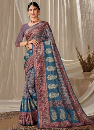 Blue Art Silk Embroidered Classic Saree