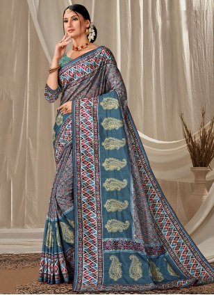 Blue Art Silk Embroidered Trendy Sari