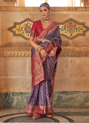 Blue Banarasi Silk Weaving Contemporary Sari